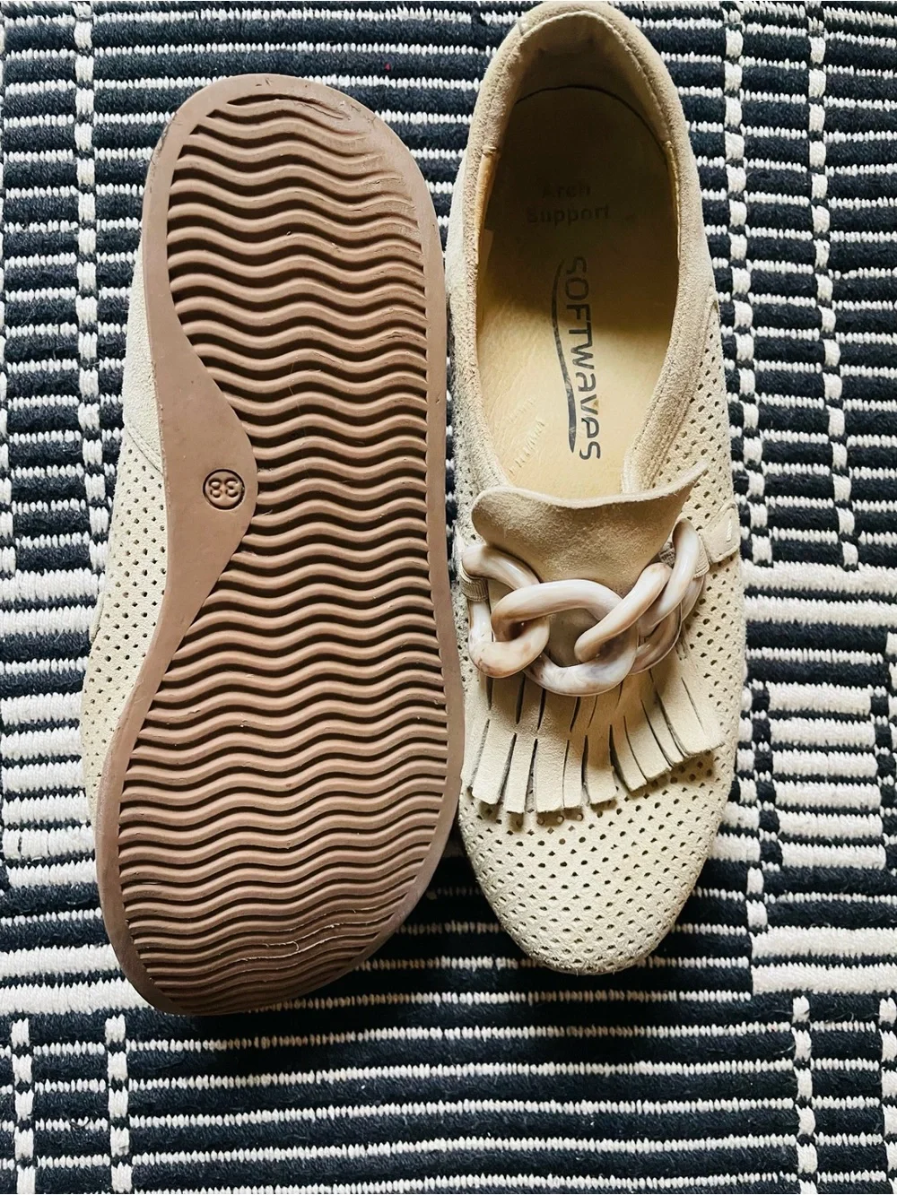 Neutral Beige Perforated Platform Loafer with Fringe and Chain Accent
